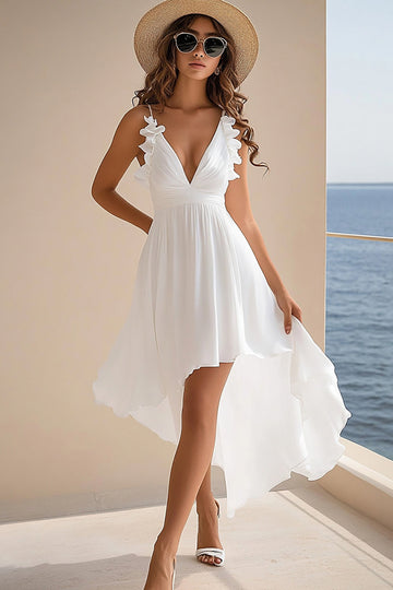 Ruffled White V Neck Asymmetrical Holiday Party Dress